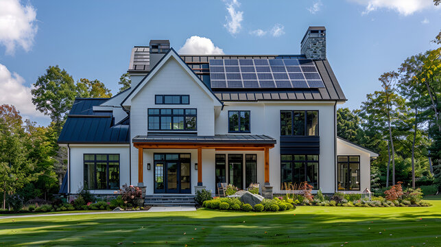 Beautiful modern house with solar panels, generative ai