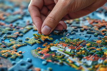 Hand of the man is assembling the crucial jigsaw puzzle piece of the real estate property picture