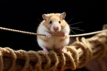 Hamster navigating a tightrope made of twine