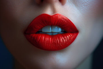 Beautiful woman's lip line is adorned with fresh red lipstick