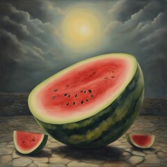 surrealistic painting of a water melon with egg yolk inside