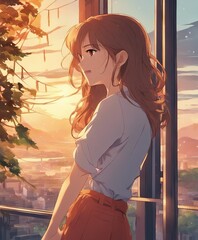 Woman standing in front of a window with her hair blowing, modern anime, highly detailed, digital dr  - obrazy, fototapety, plakaty