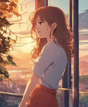Woman standing in front of a window with her hair blowing, modern anime, highly detailed, digital dr 