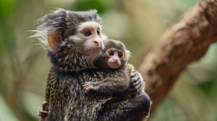 A marmoset mother and her baby clinging to her in a tender moment amongst trees.