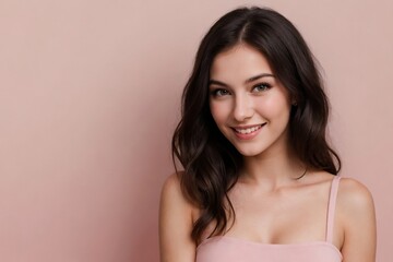 Fototapeta premium Gorgeous young woman with wavy hair on a pastel pink background.