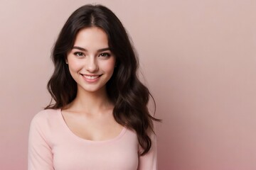 Fototapeta premium Gorgeous young woman with wavy hair on a pastel pink background.