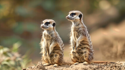 Two meerkats on alert, standing upright on sandy terrain, watching attentively. - obrazy, fototapety, plakaty