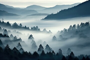 Hills shrouded in mist with the treetops peeping through - 749375141