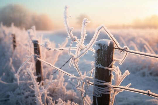 Hoarfrost clinging to a barbed wire fence line