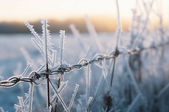 Hoarfrost clinging to a barbed wire fence line