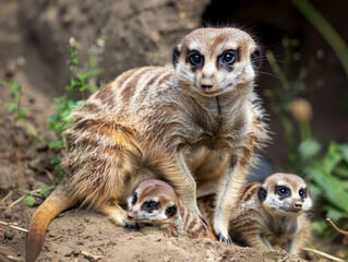 Fototapeta premium A family of meerkats on the lookout, huddled together in their natural habitat.