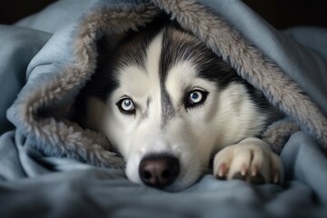 Husky nestled in a cozy blanket, eyes sparkling with mischief