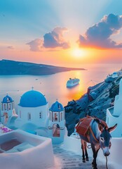 Santorini sunset stroll, donkey walking on staircase amid tranquil caldera scene, against backdrop of serene sunset sky and iconic white buildings with blue domes. Travel concept.
