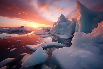Ice shelf breaking into the sea at sunset