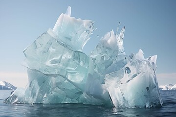 Iceberg calving caught mid-motion, splinters of ice scattering