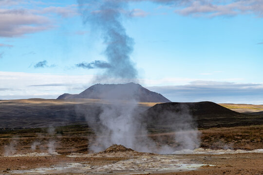 Panoramic view over the Namafjall Geothermal Area or Hverir area on the east side of Lake Mývatn on Iceland known for steamy sulphur vents and boiling mud pots