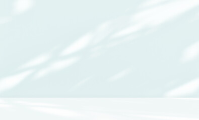 Empty blue green room studio with shadow of leaves tree effect overlay  sunlight for product presentation display. Cosmetic showroom. Winter, Spring, Summer, Autumn backdrop. Minimal Mock up interior.