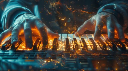 Hands of a young man on the piano with the elements. Collage. 
