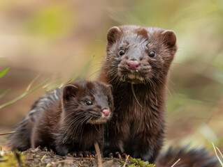 Two minks, an adult and juvenile sitting on a log, gaze curiously at the camera.