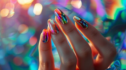 Female hand with bright manicure. Generative AI - obrazy, fototapety, plakaty