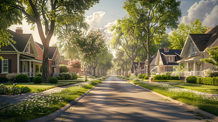 Empty road and street, typical residential houses, generative ai