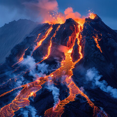 sunset over the mountain, fire in the mountain, Volcanic eruption, Lava, Mountain , top view
