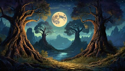 halloween landscape with moon