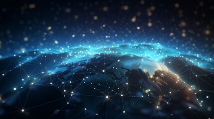 Digital network spanning across the globe, illustrating interconnected nodes and data exchange over the Earth with a dynamic bokeh effect - obrazy, fototapety, plakaty