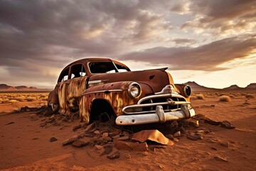An abandoned vintage car half-buried in the desert, succumbing to rust and time