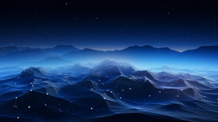 Mountain silhouettes under a starry sky, brought to life with a network of connecting lines that suggest a digital or smart technology theme - obrazy, fototapety, plakaty