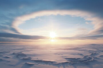 Fototapeta na wymiar Brilliant sun halo above a desolate icy wasteland