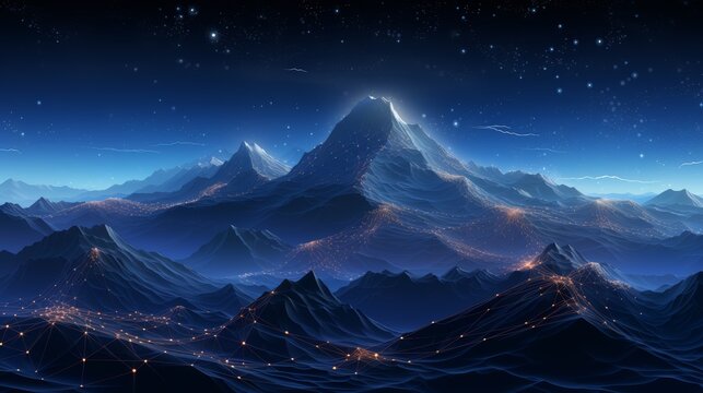 Mountains under a starlit sky, interconnected by glowing lines that evoke the imagery of constellations