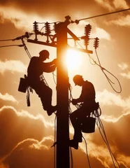 Fototapeten Engineer Electrician Workers On Lift Repairing Electricity Pylon Powerline And Wires © Harald Landsrath