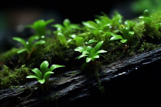 Close-up of vibrant green liverworts on a dark log