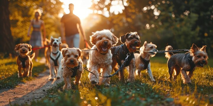 Skilled, content dog walkers lead several dogs.  Generative Ai
