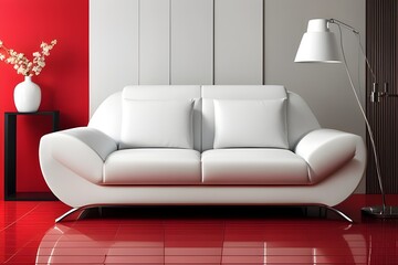Modern Interior Design: White Couch Against Red Wall Background