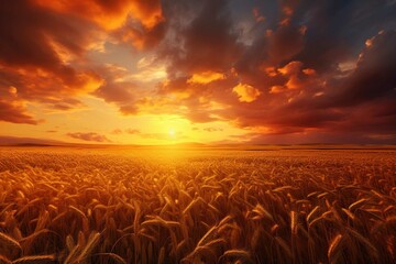 Cumulus clouds over golden wheat fields at sunset