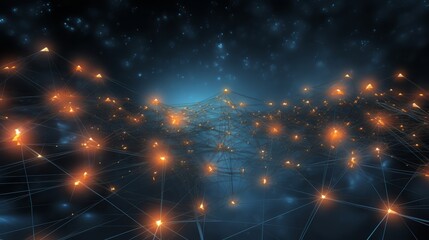 Network of connections with illuminated nodes against a cosmic backdrop, illustrating the vastness of digital networks and their resemblance to star constellations.