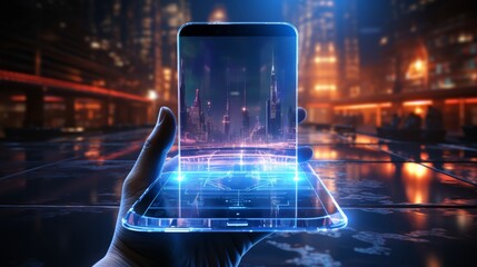 A hand holding a smartphone that projects a vibrant augmented reality cityscape, blending futuristic visualization with the urban night skyline.