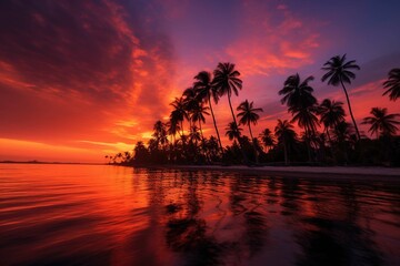 Fototapeta na wymiar Fiery sunset illuminating a tranquil sea and silhouetted palm trees