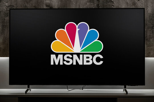 Flat-screen TV set displaying logo of MSNBC
