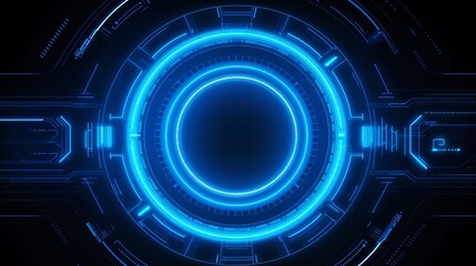 Abstract blueprint of a futuristic cybernetic portal, with concentric circles and intricate circuit patterns emanating a luminous blue glow.