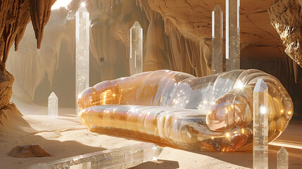 A futuristic couch is in a desert cave with rocks and boulders.  The sun is shining through a gap in the rocks.