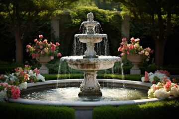 Formal English garden with fountain centerpiece