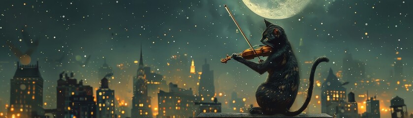 Cats with violin tails bowing strings on rooftop - obrazy, fototapety, plakaty