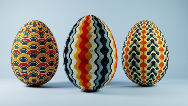 3D minimalist Easter egg design featuring a retro wave pattern, blending modern aesthetics with classic holiday charm.