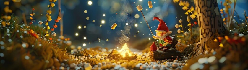 Miniature pixel animation showing gnomes roasting marshmallows over a campfire in a whimsical forest