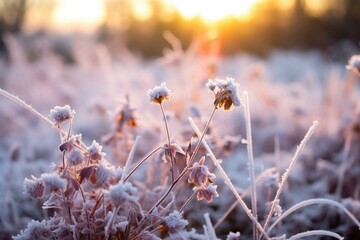 Frosted wildflowers on a chilly morning, showcasing the changing seasons