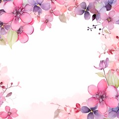 Fototapeta na wymiar Watercolor blooms in shades of pink and purple, including cherry blossoms