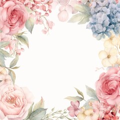 A watercolor frame featuring soft roses, hydrangeas, and dahlias in vintage hues